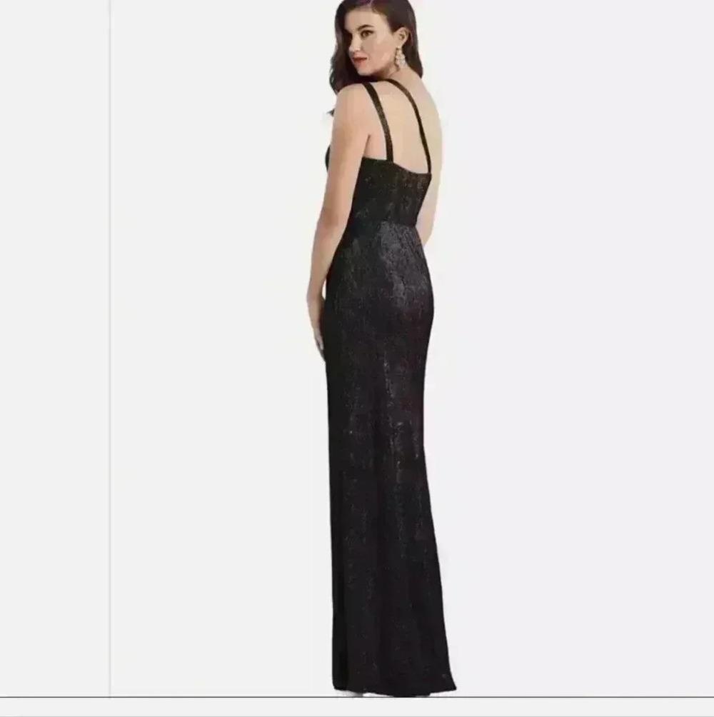 Dessy collection black one shoulder maxi gown dresses 👗 twist metallic trumpet